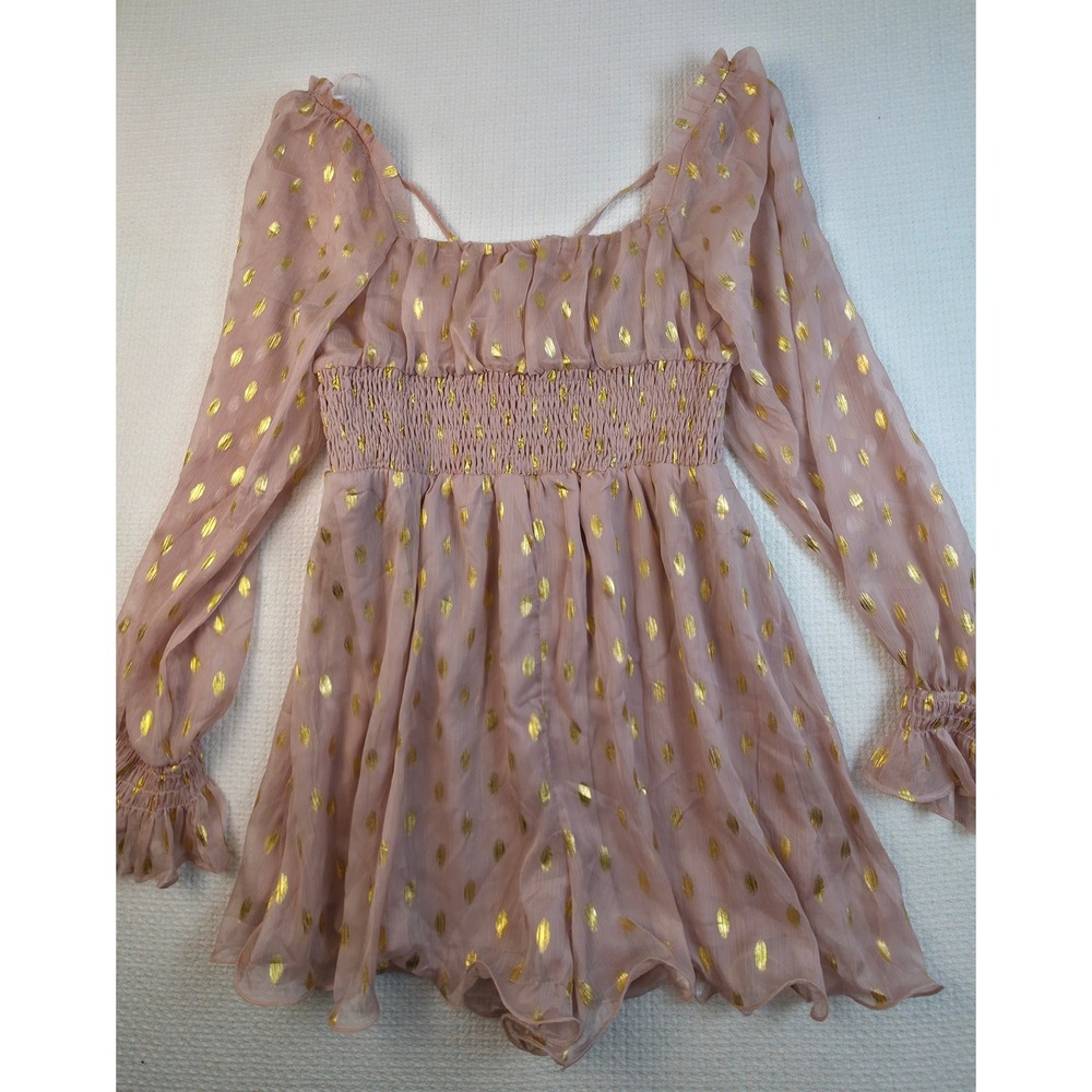 Endless Rose Foiled Dot Long Sleeve Romper Womens L Dusty Pink Gold NWT